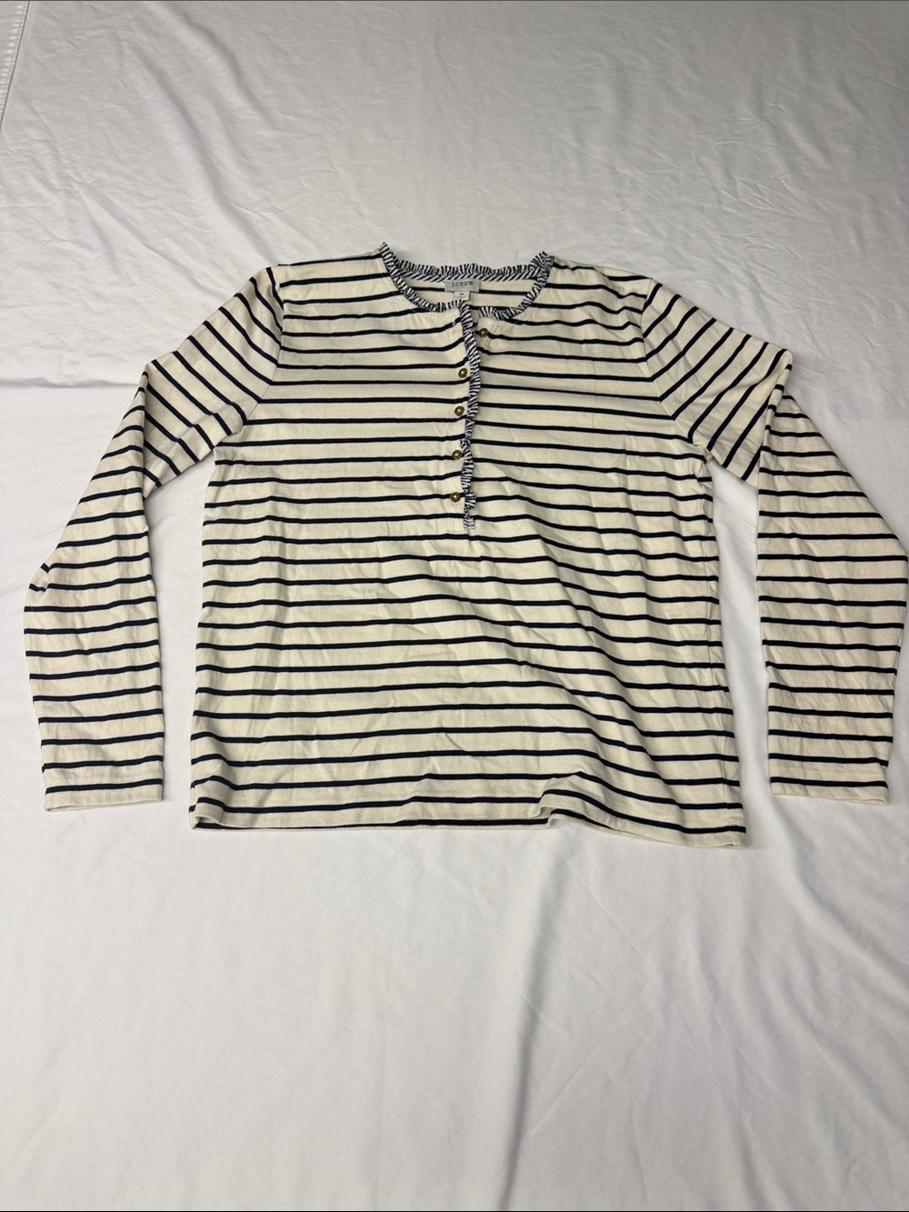 J. Crew Navy and Cream Striped Ruffle-Trim Cardigan
